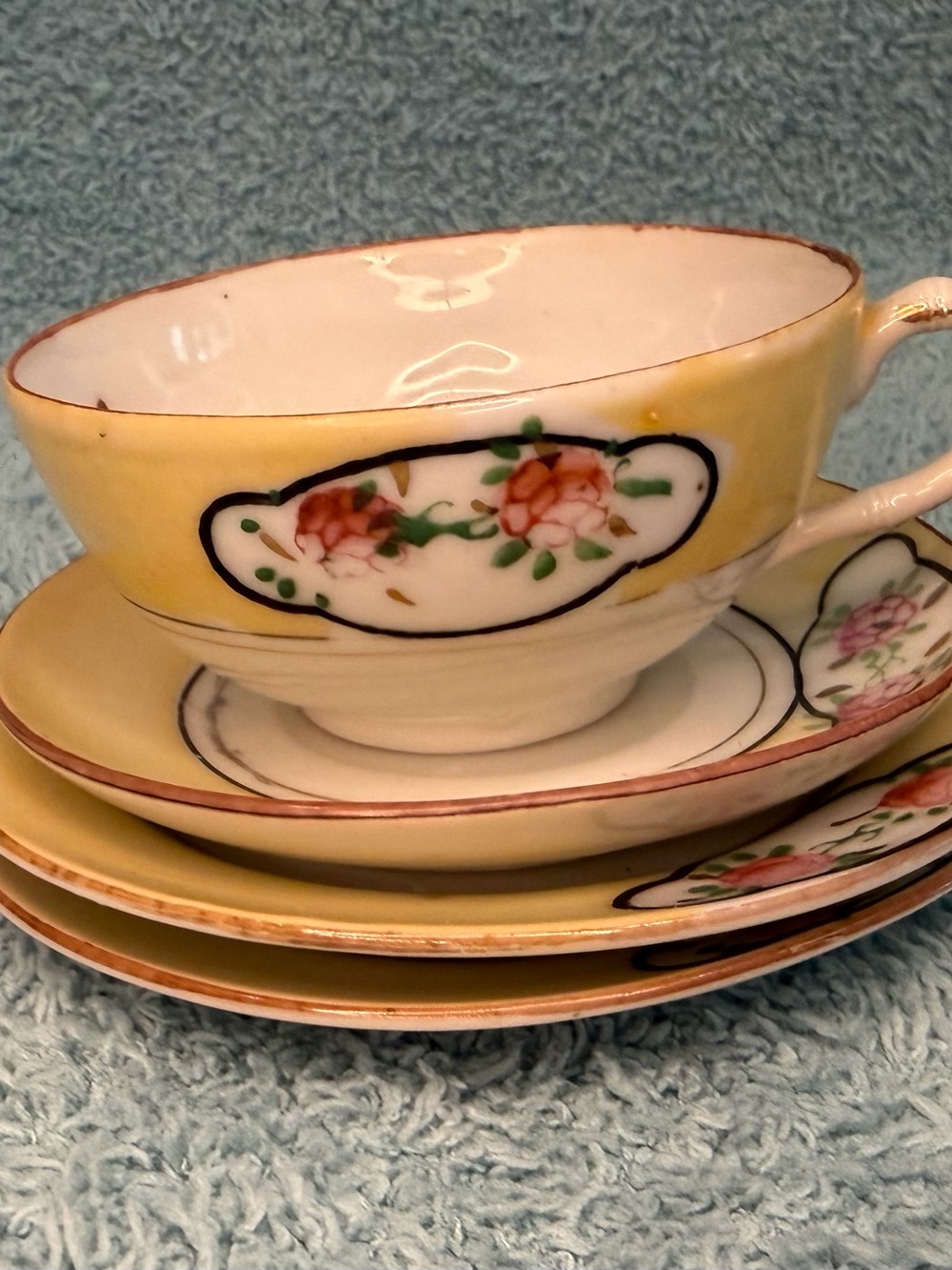Vintage Japanese Lusterware Teacup Saucer Plate Trio Floral Yellow Cottagecore